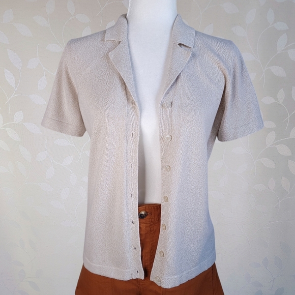 Vintage 90s Collared Knit Top Oatmeal Button-Up Scandi Cottage Style Van Heusen - Picture 6 of 12
